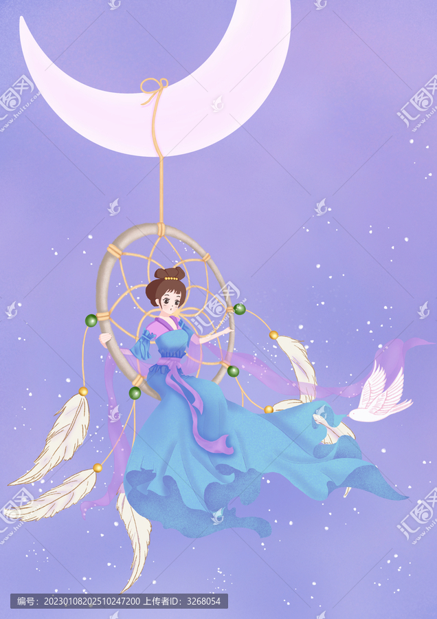 捕夢網(wǎng)秋千女孩夢幻紫色月亮鳥