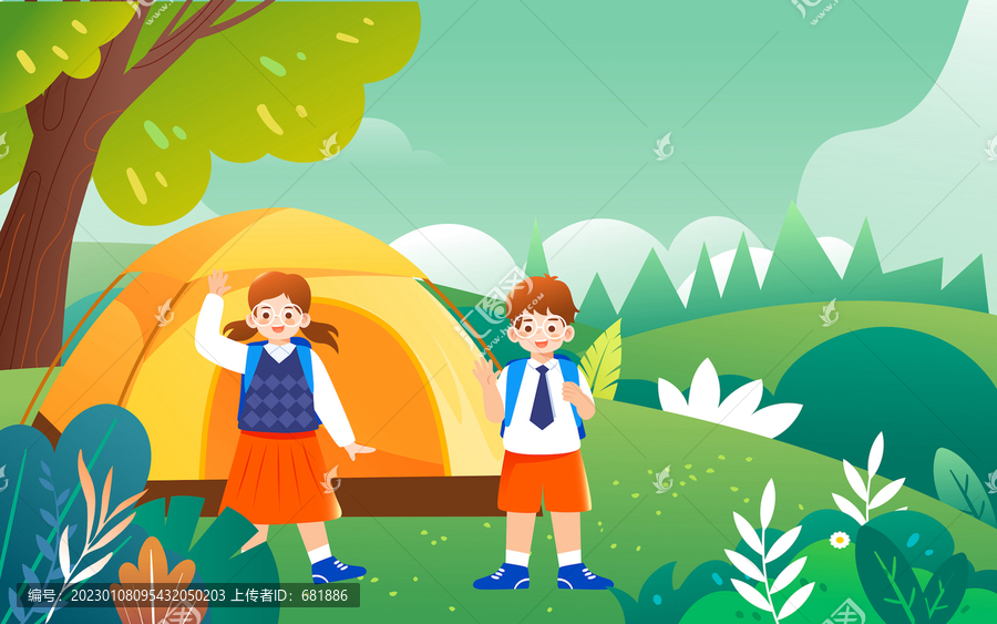 春天人物戶外草坪露營春游插畫