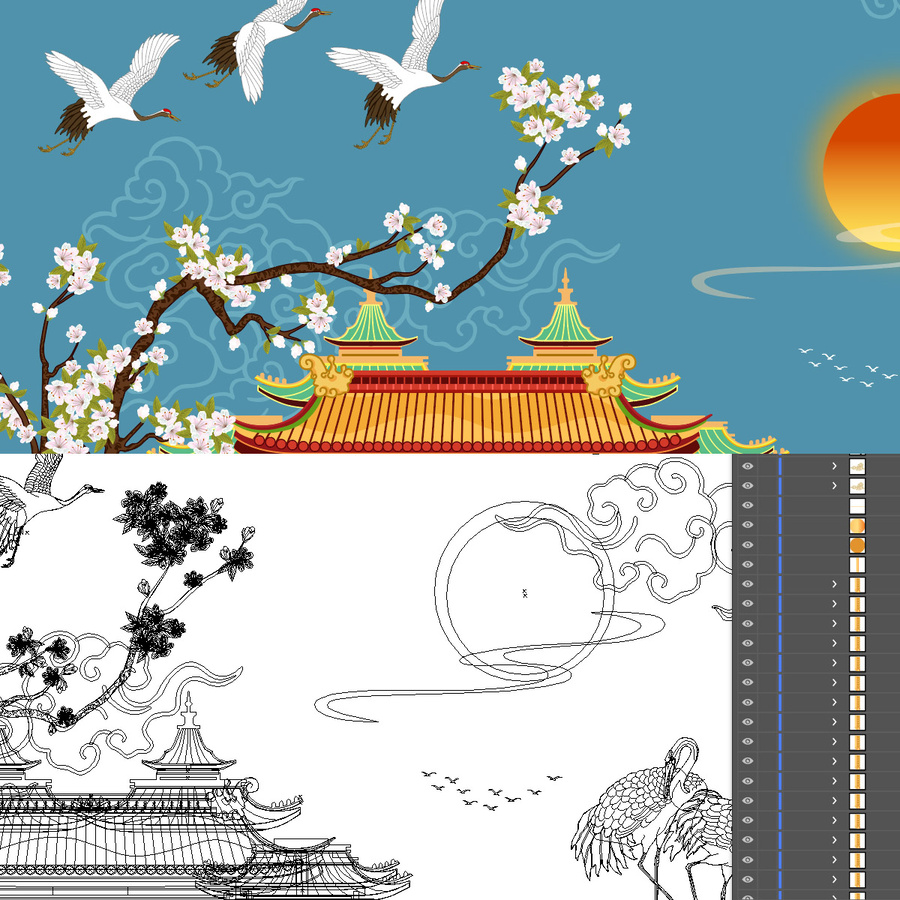國潮宮廷樓閣仙鶴插畫