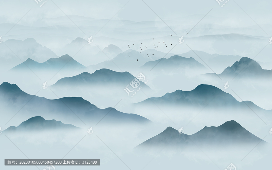 新中式意境山水云海背景墻