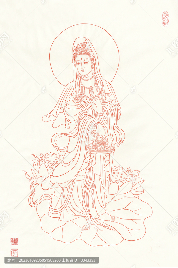 線描魚籃觀音像