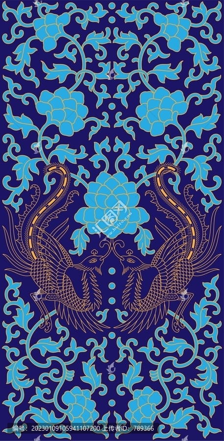 藍(lán)底描金鳳凰纏枝紋