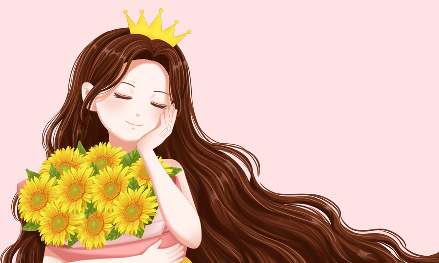婦女節(jié)戴王冠拿著花的女孩