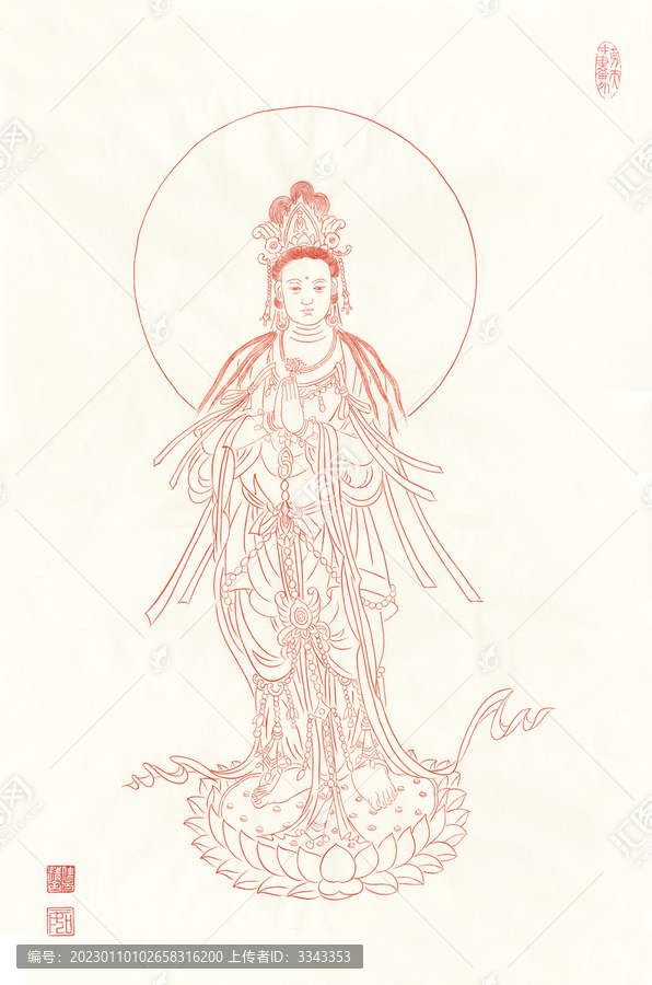 朱砂線描合掌觀音像