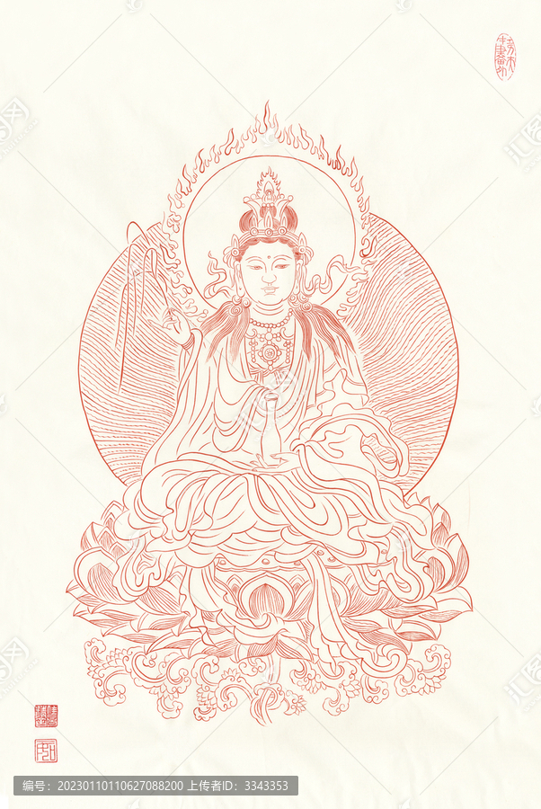 朱砂線描蓮臺觀音像