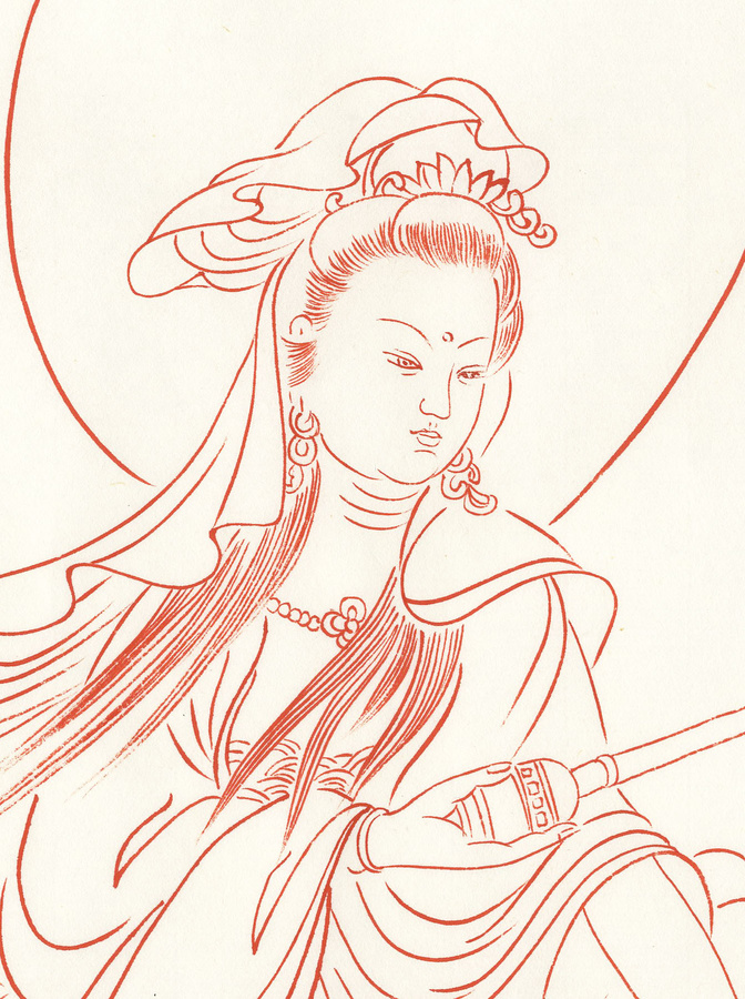 手繪朱砂線描觀音洗象圖