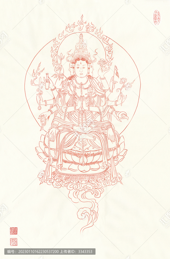 線描千手觀音像