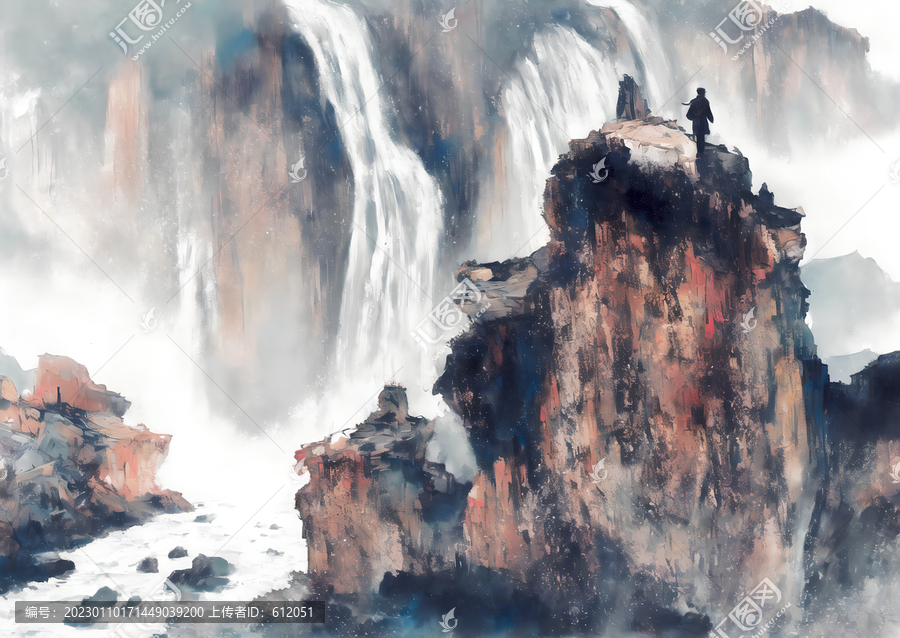 高山流水瀑布新中式水墨山水畫