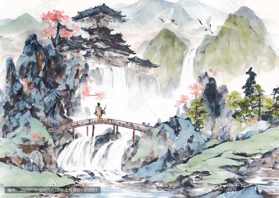 桃花源瀑布流水中式水墨畫壁畫