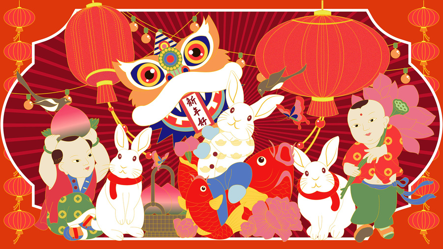國潮兔子燈籠新年元宵節(jié)日插畫