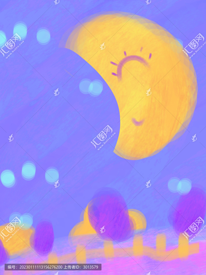 可爱卡通夜空月亮树林手绘背景