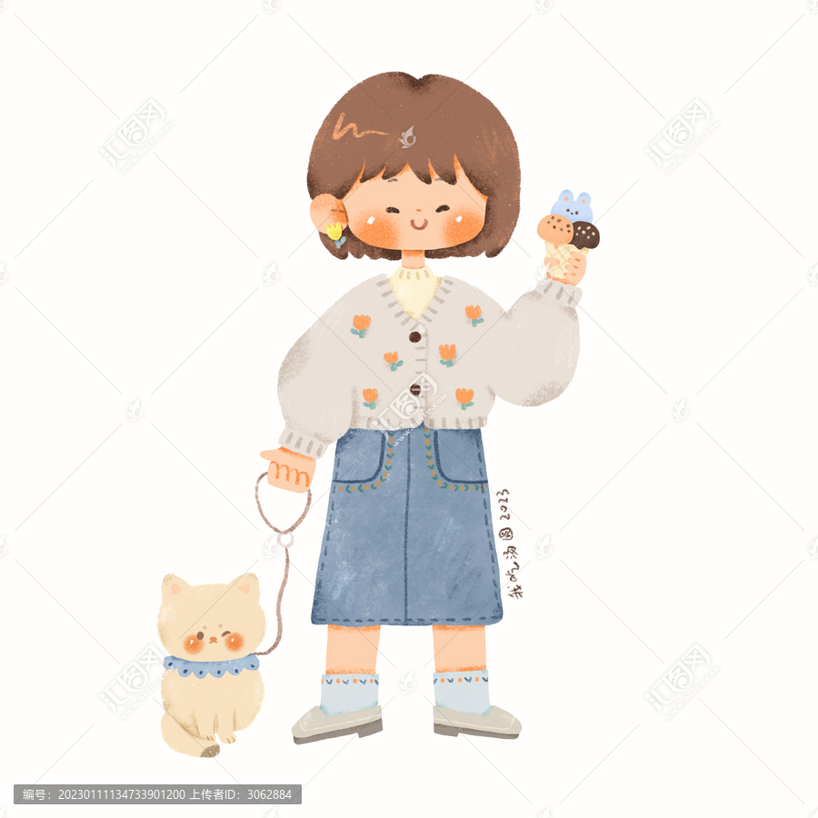 可愛(ài)手繪貓咪和女孩人物插畫(huà)