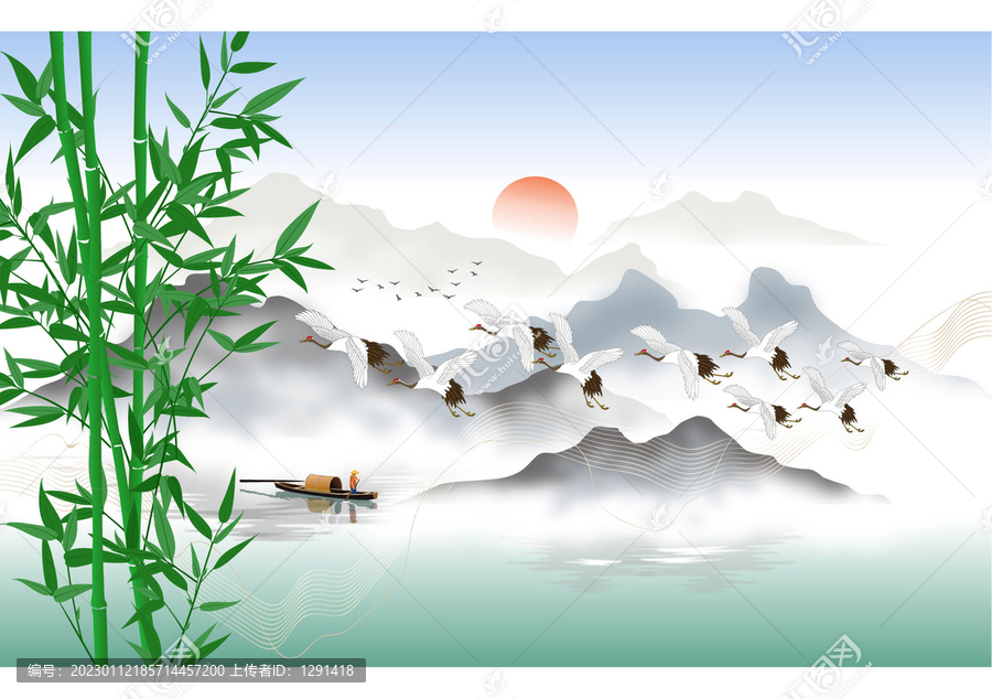 意境竹子水墨山水插畫
