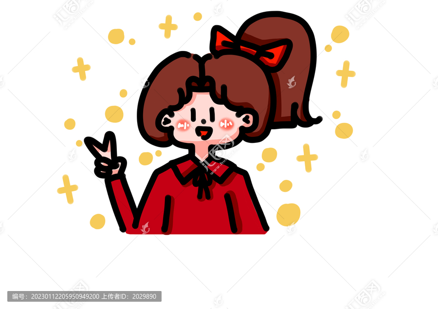 紅衣女孩馬尾辮蝴蝶結(jié)可愛手繪
