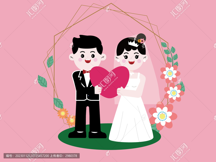 手繪卡通結婚新郎新娘