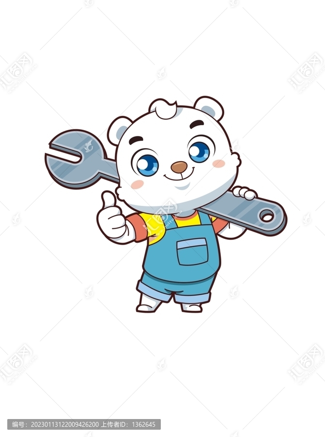 卡通可愛北極熊維修工扛扳手