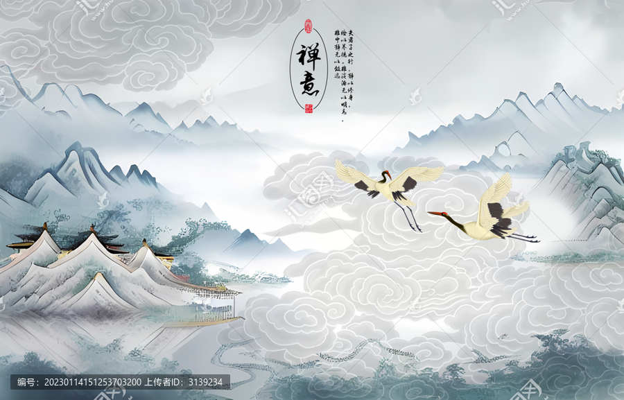 國(guó)畫(huà)山水仙鶴背景墻