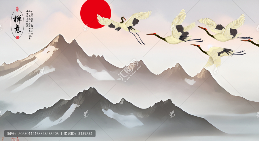 山水仙鶴背景墻禪意