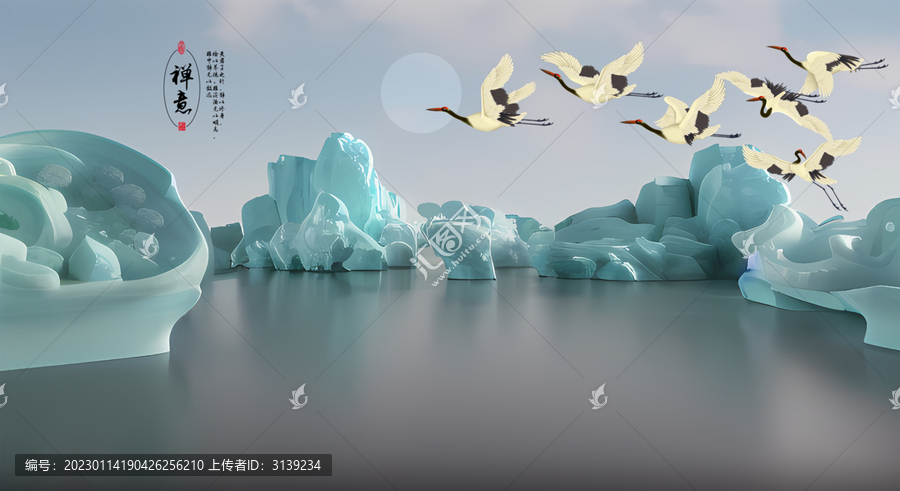 3D玉雕山水仙鶴背景墻
