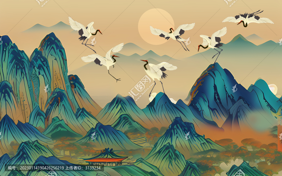 青綠山水仙鶴背景墻