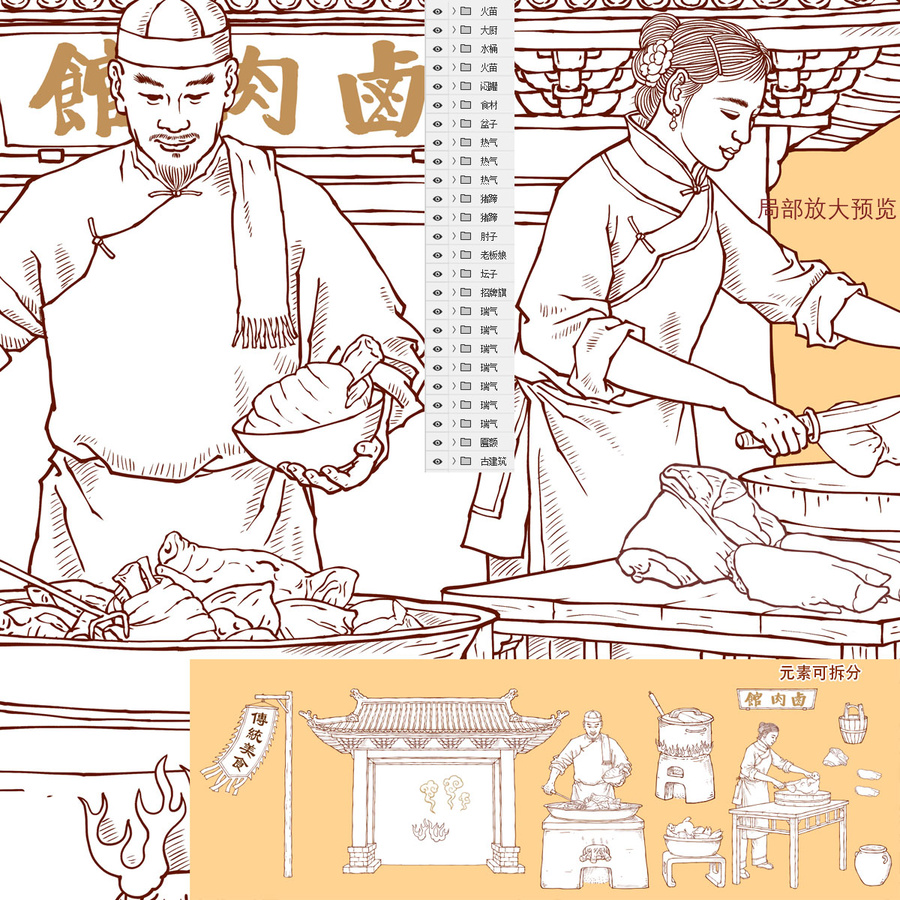 古代鹵肉插畫線描版