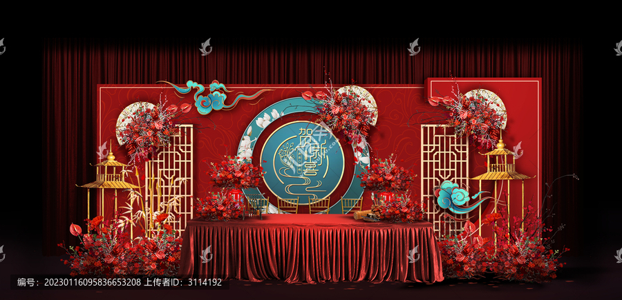 紅藍(lán)新中式婚禮手繪效果圖