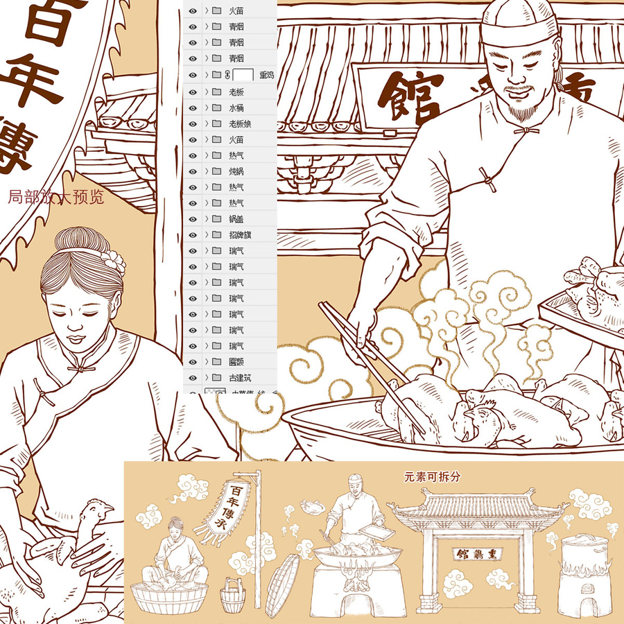 古法熏雞插畫線描版