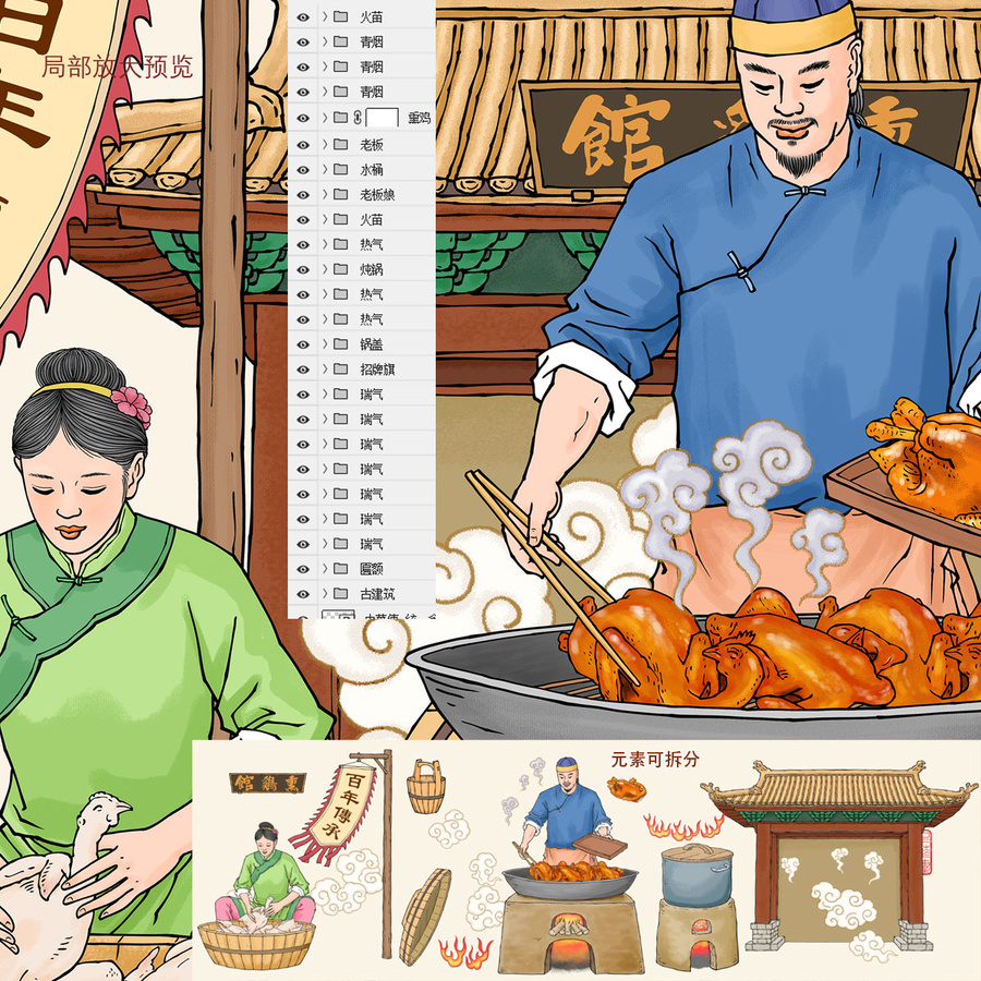 古法熏雞插畫