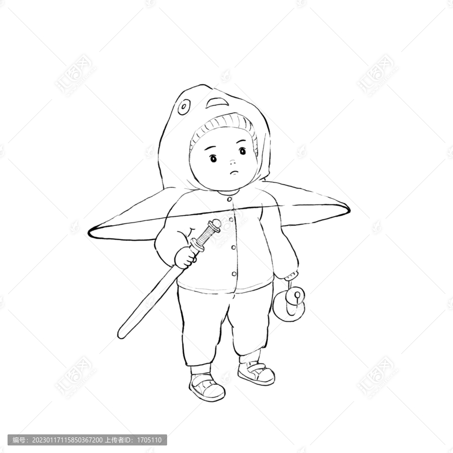 頭戴斗笠手持保健的寶寶線稿