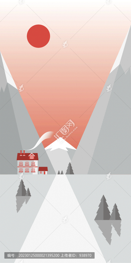 雪山下的房子矢量插畫