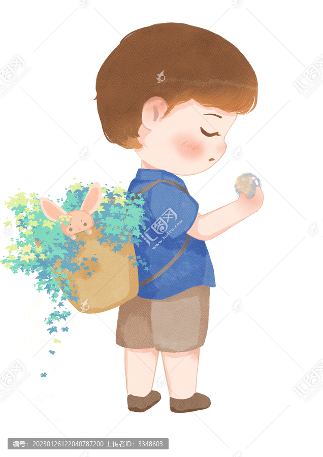 Q版背背簍的男孩水彩