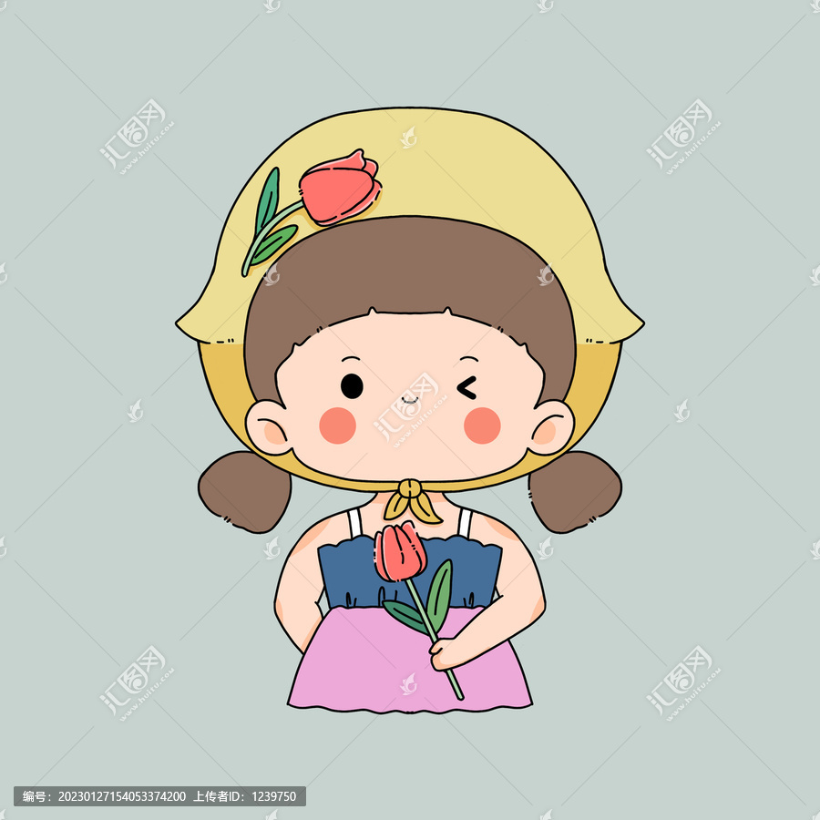卡通女孩戴頭巾郁金香簡筆畫