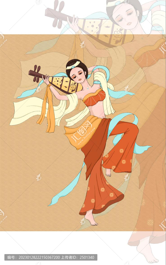 原創(chuàng)敦煌飛天反彈琵琶女孩插畫