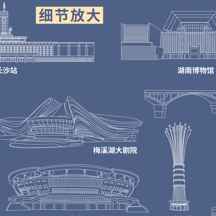 長沙地標建筑線描線稿剪影海報