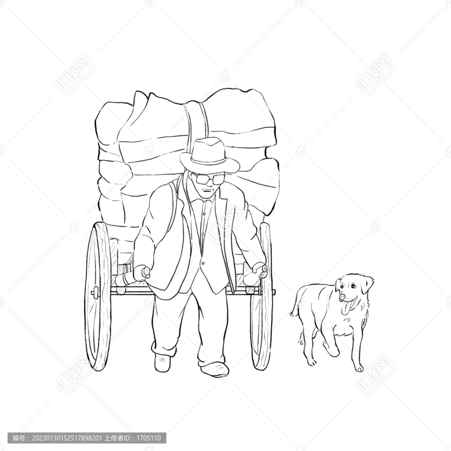 老人拉車線稿