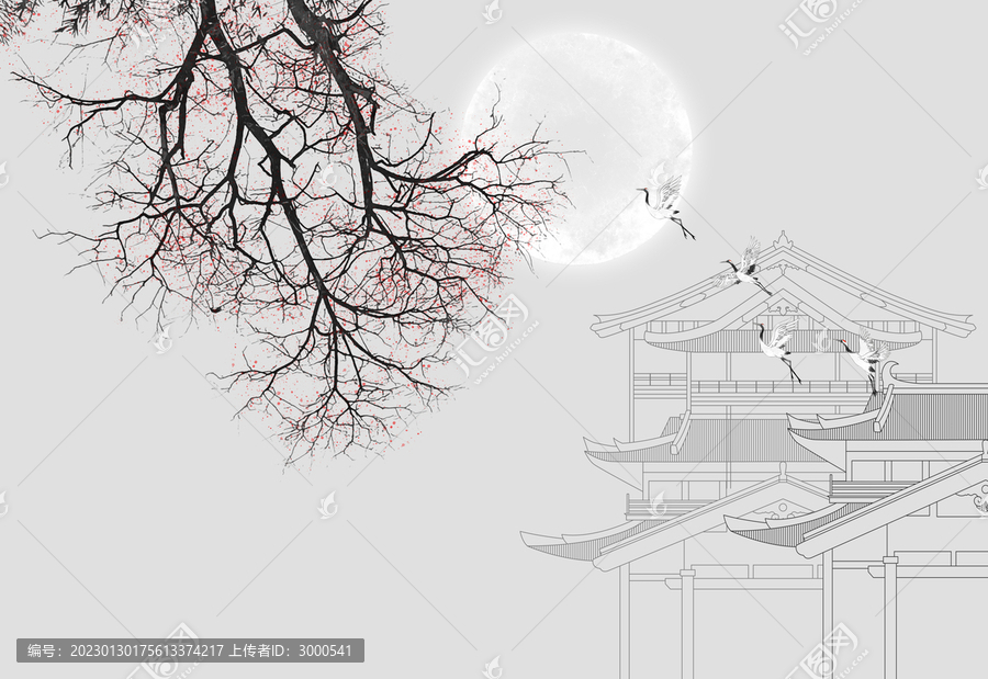 新中式手繪建筑樹