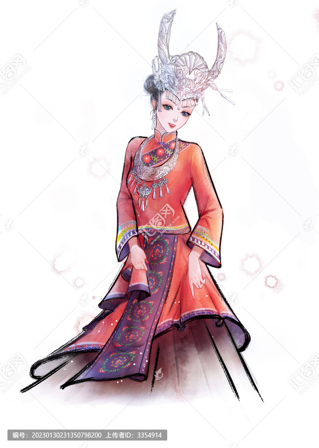 古風(fēng)水墨苗族少女插畫