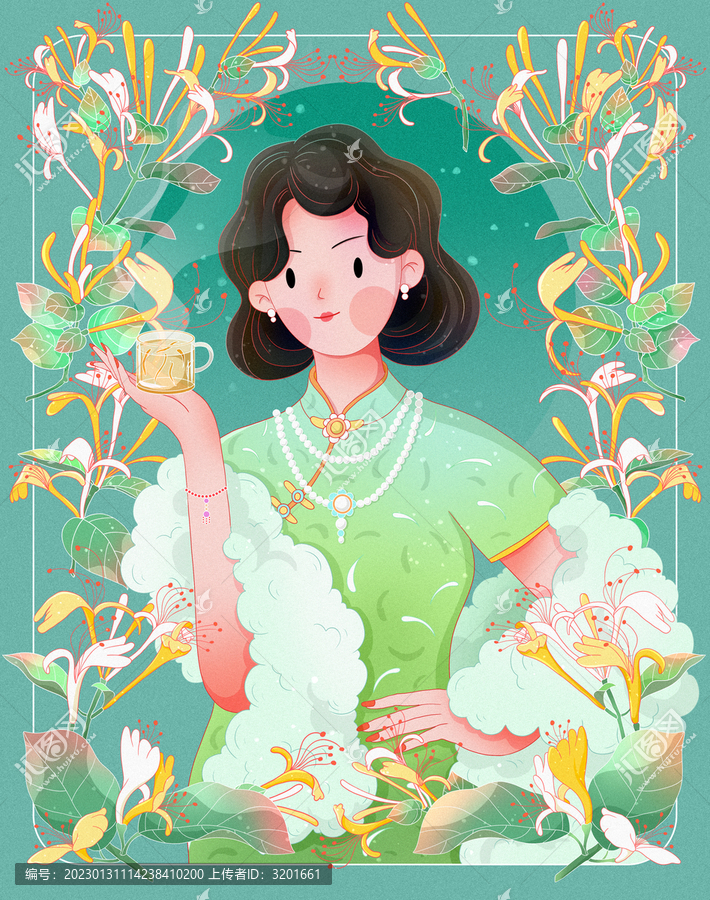 國潮旗袍美女金銀花茶包裝插畫