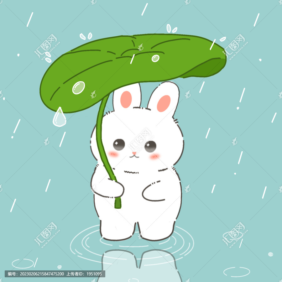 下雨天打荷葉傘的小兔子插畫