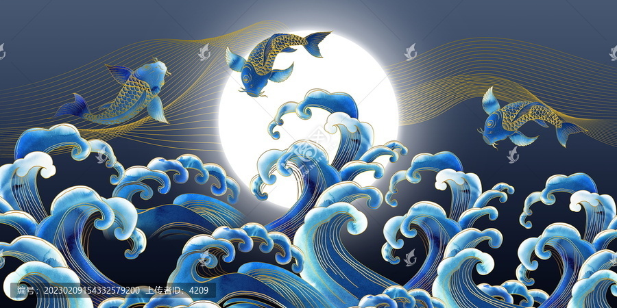 新中式锦鲤水纹金色线条装饰画