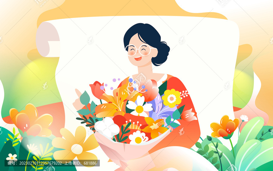 三八妇女节女生收鲜花礼物插画