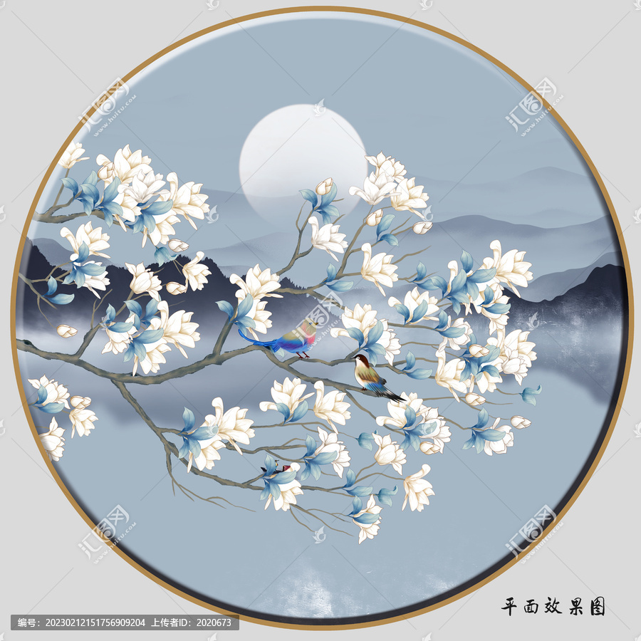 新中式玉蘭花花鳥插畫