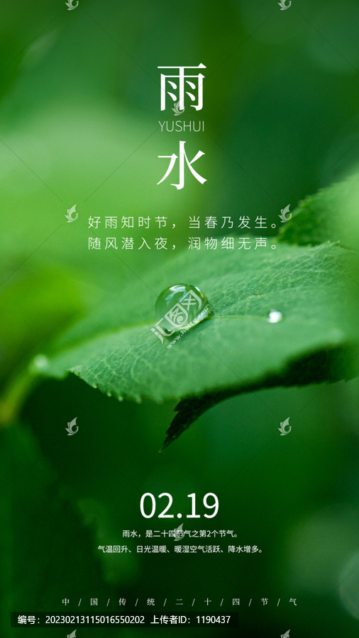 簡(jiǎn)約樹葉上的水珠雨水海報(bào)