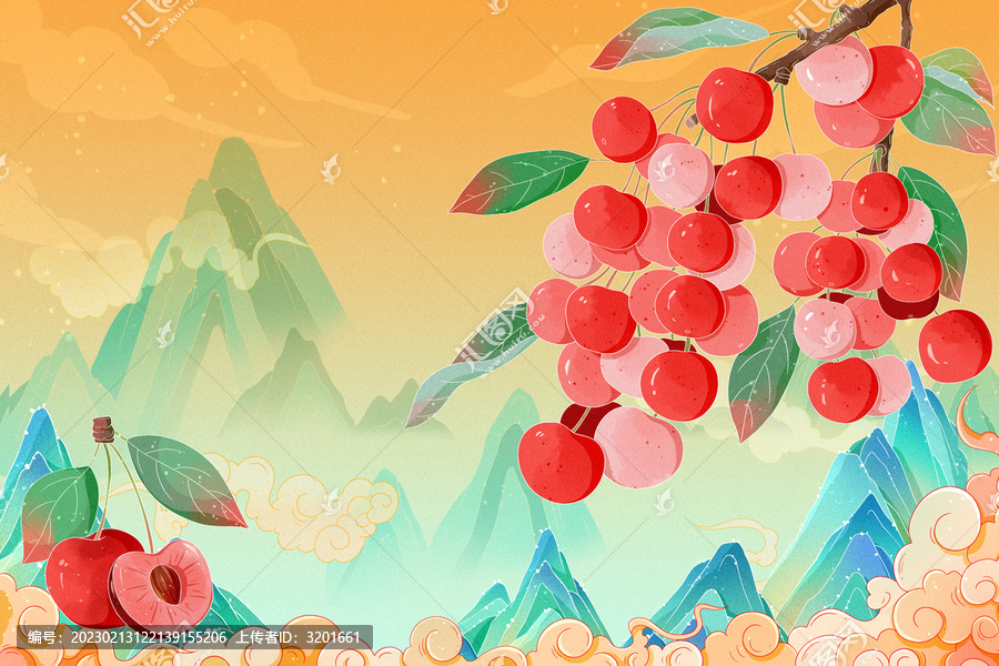 中国风水果樱桃果酒包装插画