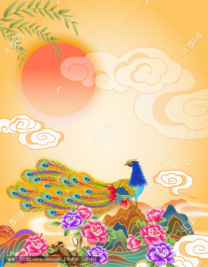 孔雀山水國潮插畫