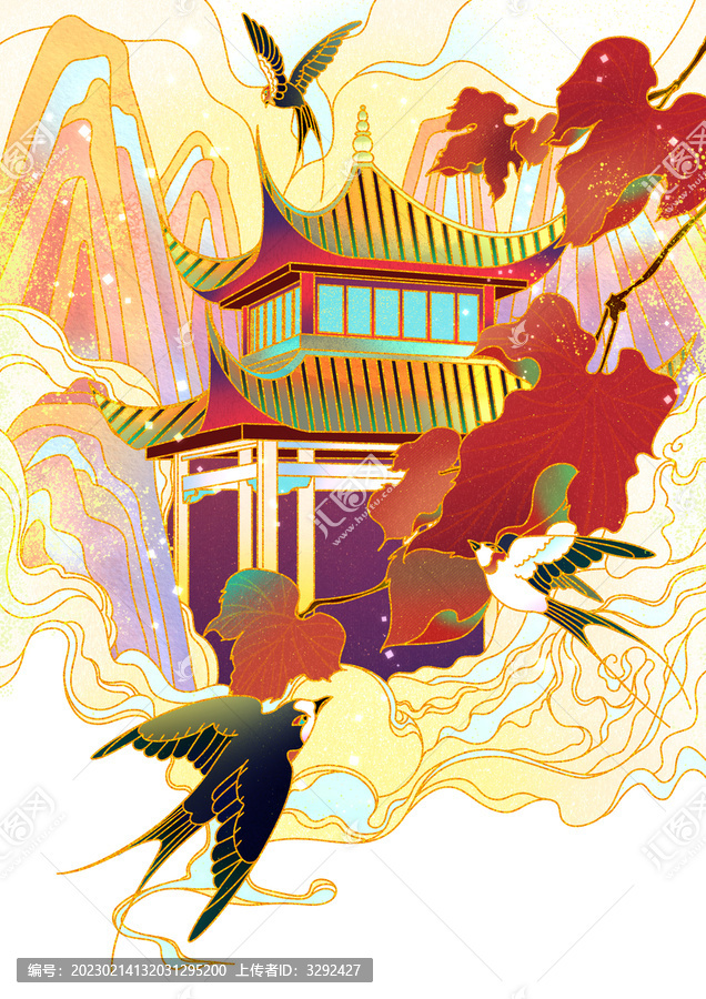 國(guó)潮燕子插畫(huà)古風(fēng)建筑山水祥