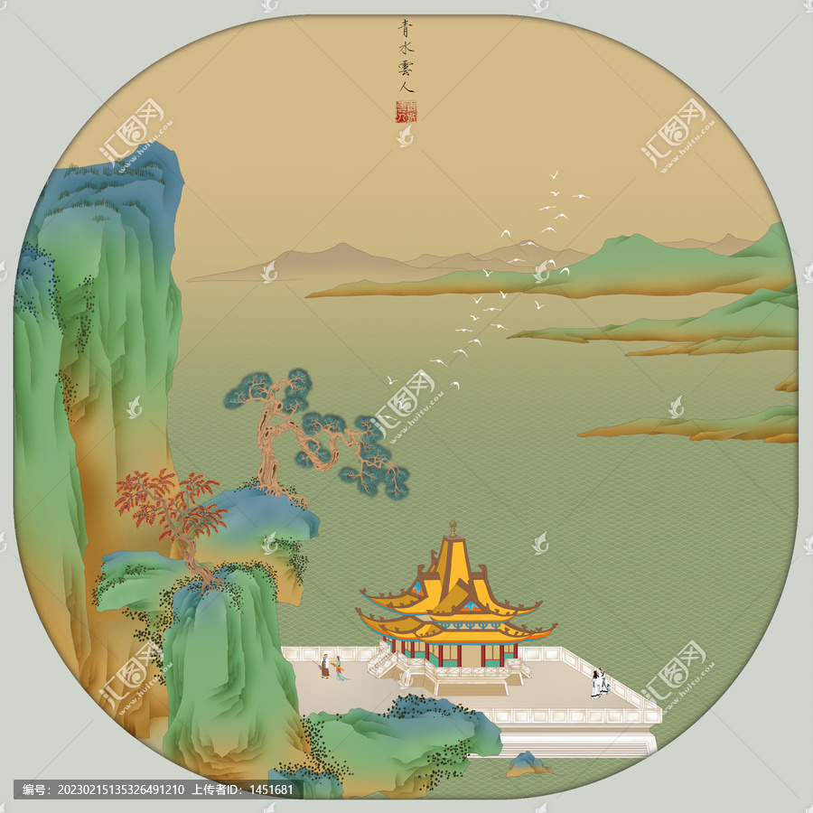 青綠山水樓閣江景圖