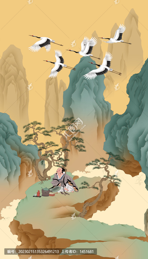 仙山仙鶴高士圖