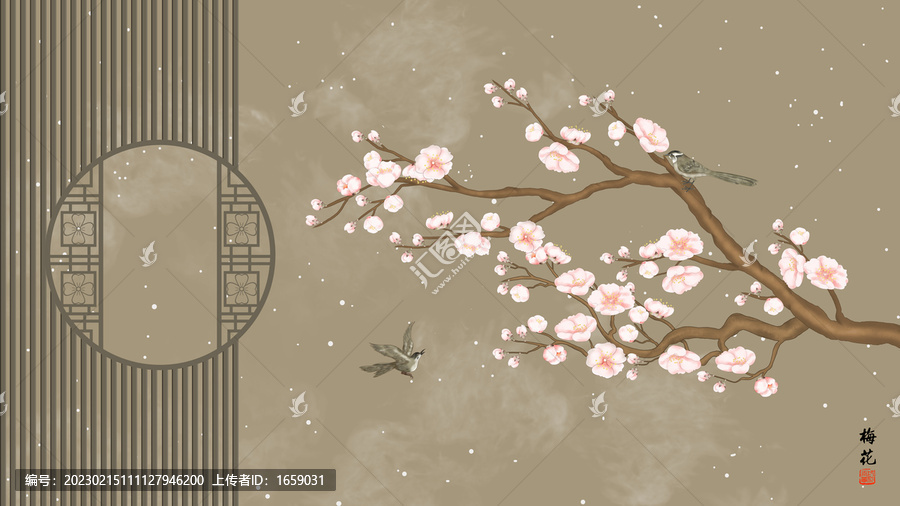 古典屏風梅花插畫