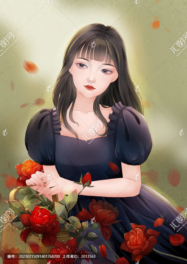 玫瑰花女孩插畫